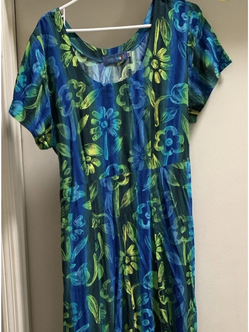 Jams World Blue Green Floral Dress XL Short Sleeve Tie In Back Excellent